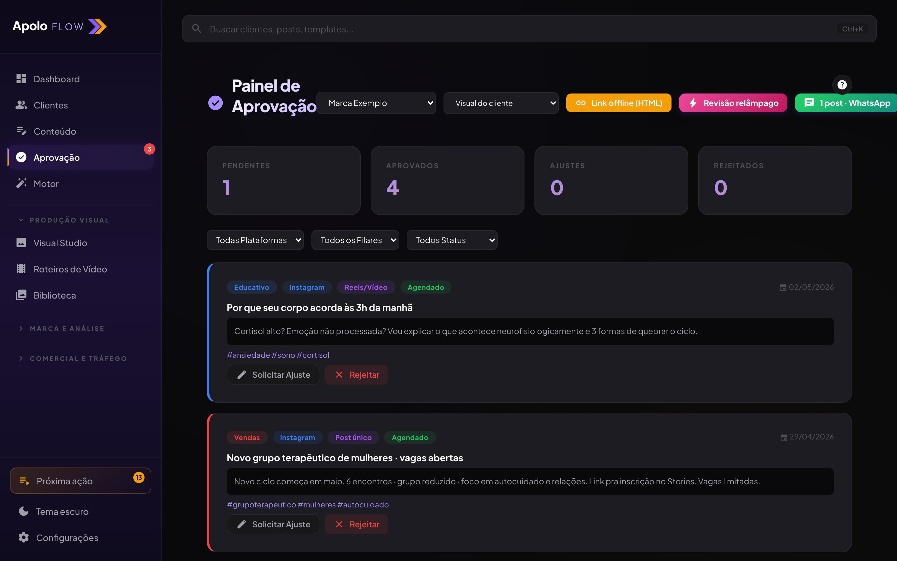 Tela de aprovação do cliente
